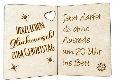 Geburtstagskarte aus Holz „Jetzt darfst du ohne Ausrede um 20 Uhr ins Bett“ als Anhänger für Geschenke & Blumendeko, graviert, 8x5,2cm, Lustige & einzigartige Geburtstagsdeko für unvergessliche Feiern