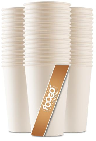 FOOGO Green 200pcs 16oz Disposable Strong Single-Wall White Paper Coffee Cups, FSC® Certified, Fully Compostable, Takeaway, Paper Cups for Hot Drinks, Parties, Eco-Friendly