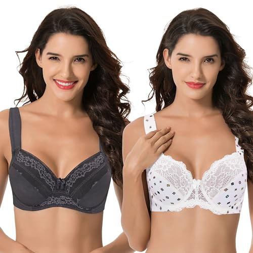 Curve Muse Grande Taille Non doublé À Armatures Soutien-Gorge en Dentelle avec rembourré Épaule Sangles - Paquet de 2-Cream Print,Dark Gray-95D