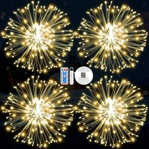 KIKILIVE Fuochi d'artificio Luci, USB Luci Alimentato con Telecomando, 4 pezzi 8 Modalità Filo di Rame Luci Stringa per Decorazione di Giardino di Festa di Nozze