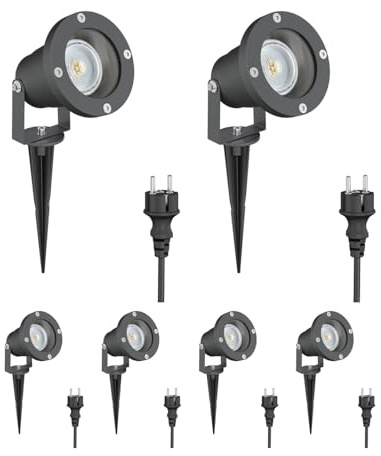 ledscom.de 6x LED Gartenstrahler DUK anthrazit mit Erdspieß für außen, IP65, inkl. GU10 LED Reflektor (warmweiß, 5,4W, 510lm, 45°)