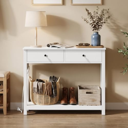 Xbro Schmaler Konsolentisch mit Steckdosenleiste, Flurtisch mit 2 Schubladen und Ablage, Beistelltisch mit USB-Anschlüssen, Sofatisch für Flur, Wohnzimmer, Küche, 100 x 30 x 80 cm, Weiß