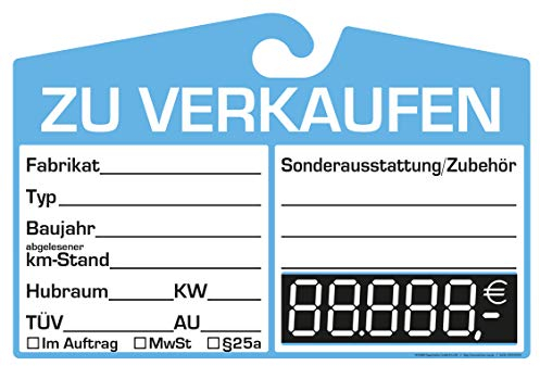 25x KFZ-Verkaufsschild zur Befestigung am Innenspiegel (blau, digitale Anzeige)