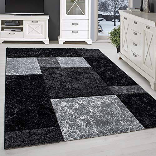 SIMPEX Teppich 120x170 cm Kurzflor Konturenschnitt in Schwarz Grau Weiß Kariertes Design, Extra Weich, Waschbar, Pflegeleicht Für Wohnzimmer, Schlafzimmer, Esszimmer