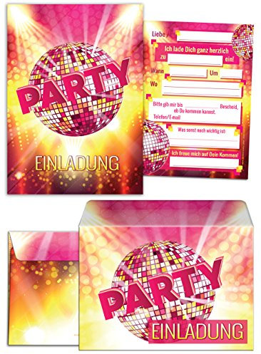 JuNa-Experten 10 Einladungskarten zum Geburtstag incl. 10 Umschläge/Einladungen/Kindergeburtstag/Disco-Geburtstag/Pink/Disco-Party/Umschlag/Einladungen zum Geburtstag