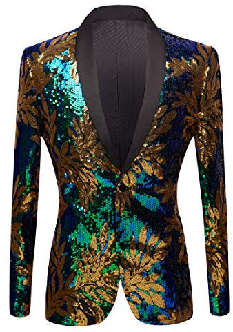 PYJTRL Uomo Verde Blu Oro Foglie Modello Paillettes Blazer (46, Blue)