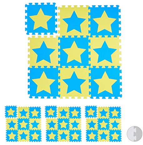 Relaxdays 36 TLG. Puzzlematte Sterne, 72 Puzzleteile, Eva Schaumstoff, schadstofffrei, Spielunterlage 91 x 91 cm, blau-gelb
