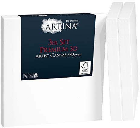 Artina 3er Set 3D Leinwand 25x25cm – Bespannt auf stabilem FSC® Keilrahmen, verzugsfrei, 3-fach weiß vorgrundiert, Premium Qualität, 100% Baumwolle, 380 g/m² – Künstlerbedarf