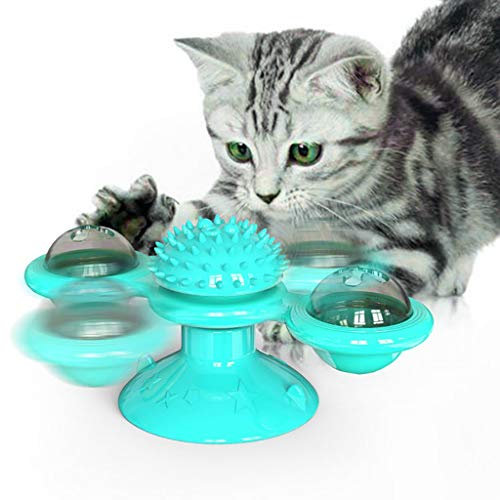 Moulin à Vent Chat, Jouet pour Chat Moulin à Vent,Tournant avec Herbe à Chat et Boule LED Jouet Interactif Jouet Massage pour Chats Chatons (Bleu)