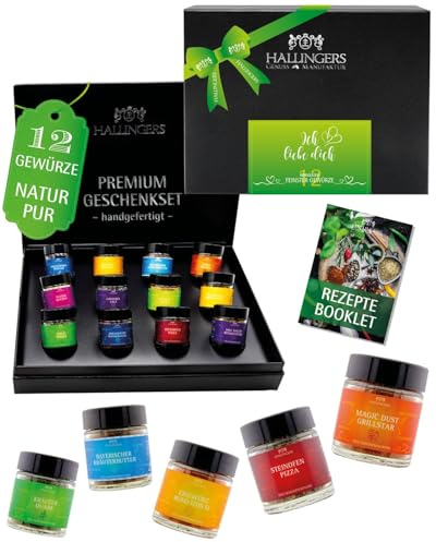 Hallingers Genuss Manufaktur Gewürz Valentinstagsgeschenk-Set - 12 Gewürze aus aller Welt in wertiger Geschenkbox mit Rezept-Booklet Ich liebe Dich ..., Valentintstag für Frauen Männer