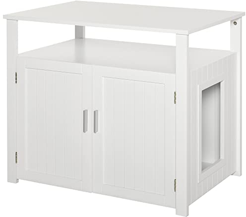 PawHut Wooden Cat Litter Box Enclosure Furniture with Adjustable Interior Wall & Large Tabletop for Nightstand, White