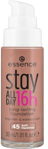 essence stay ALL DAY 16h long-lasting Foundation, Make Up, Nr. 45 Soft Hazelnut, braun, für Mischhaut, langanhaltend, mattierend, weichzeichnend, matt, vegan, ölfrei, wasserfest (30ml)