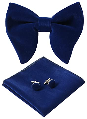 HOULIFE Fliege Herren Set - Verstellbare Fliege aus Samt Vorgebunden Fliege, einfarbige Einstecktuch, Manschettenknöpfe Set für Bräutigam Hochzeit formal mit Geschenkbox (Navy blau)