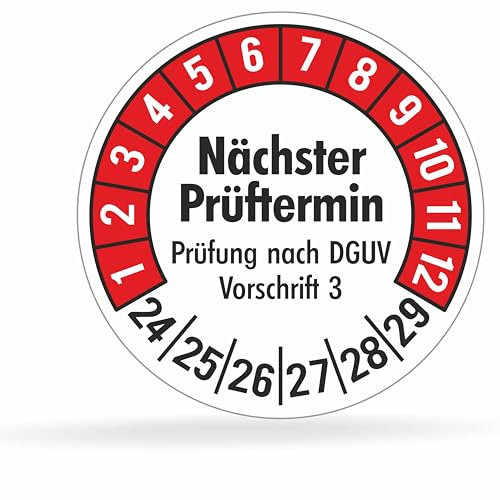 Fluxxx 560 Stk Prüfplaketten Nächster Prüftermin, 20 mm Ø, Prüfetiketten nach DGUV V3, 2024-2029, selbstklebend, Prüfaufkleber, E-Check Prüfetikett, Plakette für Elektrogeräte (Rot, 5 Bogen)