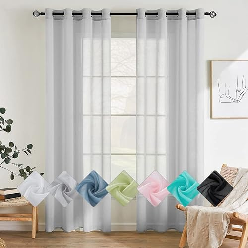 EMEMA Gardinen mit Ösen 2er Set 160cm Lang Grau Vorhang Voile Vorhänge | Vorhang mit Ösen Transparente Polyester Ösenschal Transparent Wohnzimmer Luftig Dekoschal für Schlafzimmer B140 X H160cm