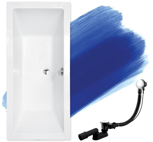 BADLAND Badewanne Original Weiß Acryl Wanne Rechteck QUADRO 175x80 KOMPLETTSET SET + Füßen und Exklusive Chrom Automatik Ablaufgarnitur Made in EU 3in1