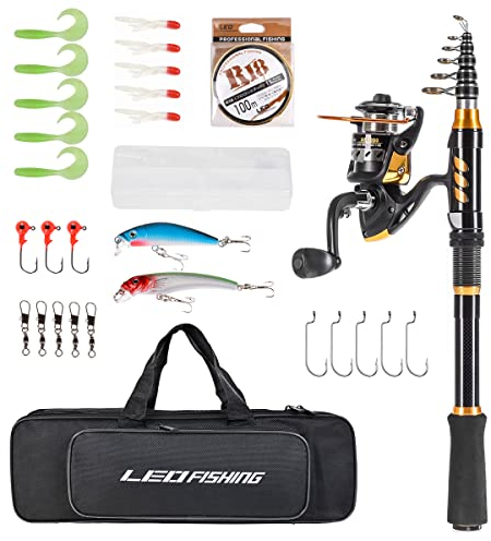 LEOFISHING Tragbare Gold-Teleskop-Angelrute und Rolle, Kohlefaser-Angelrute mit vollständigem Set, Tragetasche für Reisen, Salzwasser, Süßwasser (Rute und Rolle, 1,8 m)