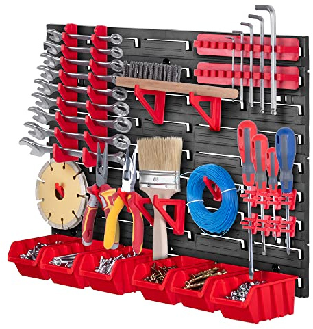 KADAX Werkstattregal, 58x39cm Werkzeugwandregal aus robustem Kunststoff, UV-Resistentes Lagersystem, Erweiterbare Wandplatten, Werkstattwandregal für Garage (Rot, 26 tlg.)