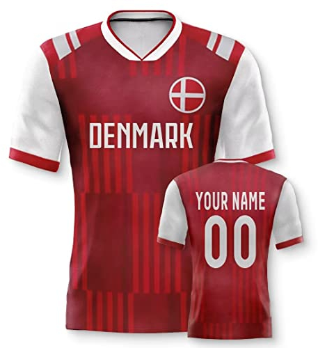 Dänemark Personalisiertes Weltmeisterschaft Fussball Trikot mit Ihrem Namen und Nummer für Herren Damen Kinder Casual Sport Fan T-Shirt Trikot Geschenk Rot