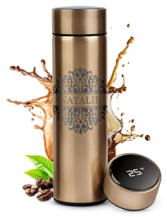 Maverton Travel Mug with Engraving for Woman, 450 ml Vacuum Insulated Flask | Removable Tea Infuser, Lightweight Design, LED Temperature Display, Personalised Gadget for her, Ornament