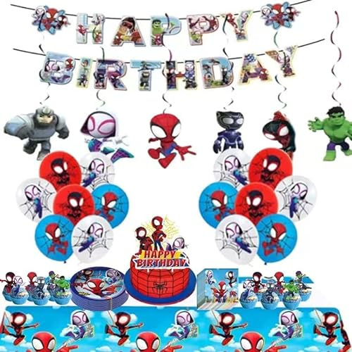 VAMITV Spiderman Geburtstagsdeko, 95 Stück Spiderman Deko Geburtstag Kinder Jungen - 7 Zoll Teller, Papiertuch, Tischdecke, Tortendeko, Banner, Hängende Wirbel, Latexballons