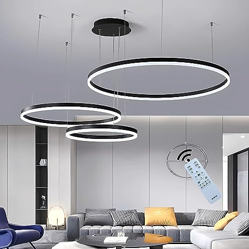 J.SUNUN LED Pendelleuchte Moderne Schwarz 3-Ring Separate Installation Kronleuchter 75W Dimmbar Deckenbeleuchtung Für Schlafzimmer Wohnzimmer Esszimmer 40×60×80CM