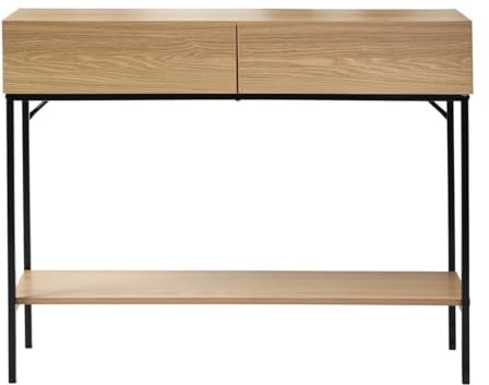 Calicosy - Console 2 Tiroirs 1 Tablette - Effet Bois - Panneaux De Particules - Structure Métal Noir - Prises De Main Intégrées - Entrée, Couloir, Salon - Style Industriel - L 100 x P 35 x H 80 cm