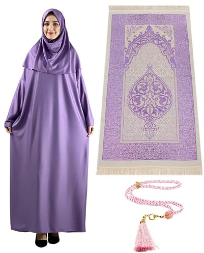 Prien Women Prayer Dress With Hijab Tasbih Muslim Set Islamic Clothes Abaya Jilbab Dubai Kaftan For Eid Ramadan (Lilac)