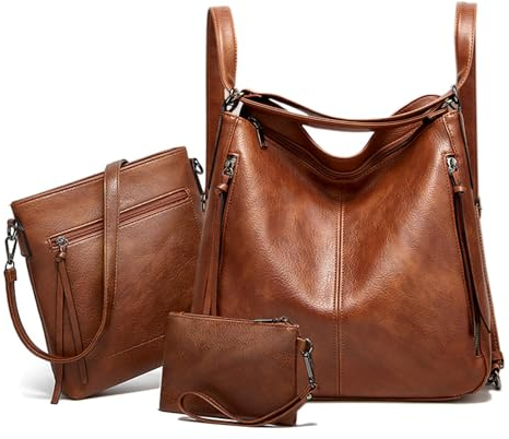 SaYoc Damen Mode Rucksack Geldbörsen Mehrzweck-Design Hobo Handtaschen und Crossbody Tasche 3pcs Geldbörse Set, Hobo Tasche Set, braun