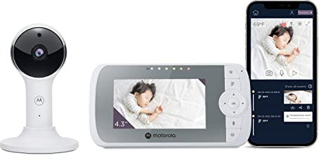 Motorola Nursery Baby Monitor VM64 Vigilabebés con vídeo WiFi de 4,3' con cámara, Aplicación para smartphone, soporte magnético, largo alcance, audio bidireccional, zoom digital