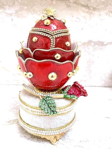 2002 Exquisite einzigartige Fabergé-Ei-Spieluhr mit Goldrose, natürlich, handgefertigt, echtes Ei, Fabergé-Ei, dekorativ, Schmuckkästchen, österreichischer Kristall, Rubin, reines Gold, Dekoration,