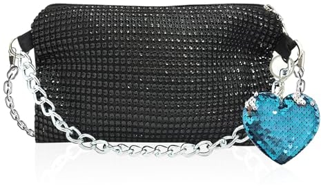 NyxSeat 1 Stück Schwarze Strass-Tasche Mit 1 Stück Blauem Love-Pailletten-Schlüsselanhänger, Glitzer-Clutch-Tasche, Ketten-Umhängetasche, Geeignet Für Partys, Abschlussbälle, Alltagskleidung