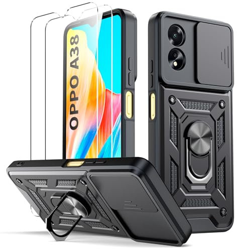 Oududianzi - Funda para OPPO A38[2 Protector Vidrio Templado], con Cubierta Deslizante de la Cámara, Soporte Giratorio de 360 ° y Funda Protectora TPU de Silicona - Negro