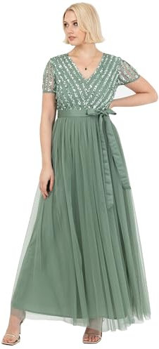 Maya Deluxe Women's Maxi Dress Ladies Bridesmaid V-Neck Ball Gown Short Sleeves Long Elegant Empire Waist Wedding, Deep Mint, 14