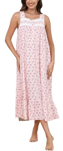 Rubehoow Chemise de nuit longue en coton sans manches avec poches pour femme, Fleurs sans manches sur rose, L