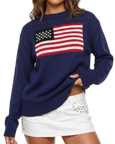 Damen-Pullover mit amerikanischer Flagge, langärmelig, Rundhalsausschnitt, lockere Passform, Strickpullover, Tops, USA, lässig, lockerer Pullover
