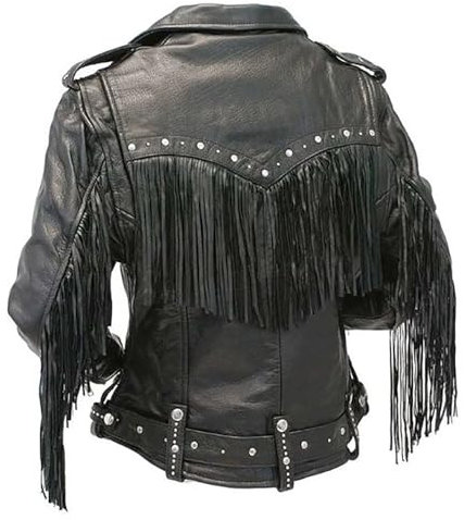 AAOutfitz Damen-Bikerjacke aus Leder mit Fransen und Nieten, Schwarz - Echtleder, 38