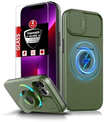 FRLMOOES Funda para iPhone 13 Pro compatible con MagSafe Carga Inalámbrica Magnética,Con 2 Protector Pantalla,Cubierta Cámara integrada,Soporte de Anillo,Protección Resistencia,Absorbente Golpes Verde