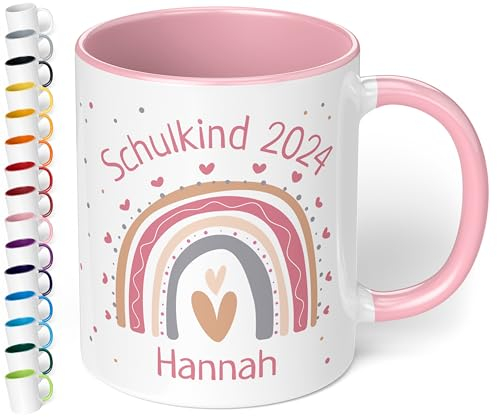True Statements Keramik-Tasse personalisiert „Schulkind 2025“ - Geschenk zur Einschulung für Mädchen - Regenbogen Herzen - 330ml - Erstklässler Schüler 1. Klasse, Rosa