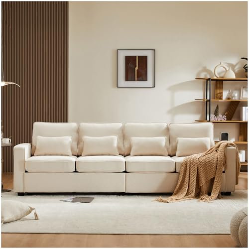 Sapgaks Modernes 4-Sitzer-Sofa aus Leinenstoff, mit Armlehnentaschen und 4 Kissen, Sofa im schlichten Stil, geeignet für Wohnzimmer, Wohnung, Büro (beige)