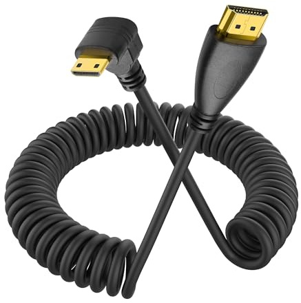 YACSEJAO 90 Degree Mini HDMI Coiled Cable Mini HDMI Male to HDMI Male Stretch Coiled Cord for Cameras, DSLRs, Camcorders, Portable Screens and Monitors (Up Angle)