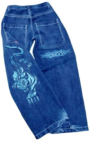 ORANDESIGNE Jeans Y2K Homme Taille Basse Printed Pants Pantalon Unisexe Pantalon Cargo Décontracté Imprimé Hippie Streetwear Z02 Bleu S