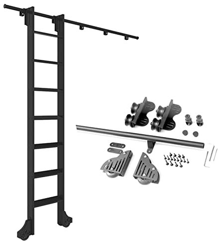 Einziehbare Rollleiter-Hardware-Bibliothek, Schiebeleiter-Hardware-Kit (ohne Leiter), Rundrohr-Mobilschiene, Schiebetor-Komplettset (Größe: 200 cm Schienen-Kit)