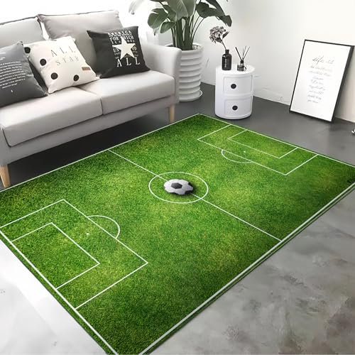 BORDEAG Fussball Teppich FußBall, 80 x 120 cm Fussballmatte, Spielplatz Teppich Jungen, Grün Spielteppich Fußball Spielteppich für Spielfeld, Spielzimmer, Fußballfeld