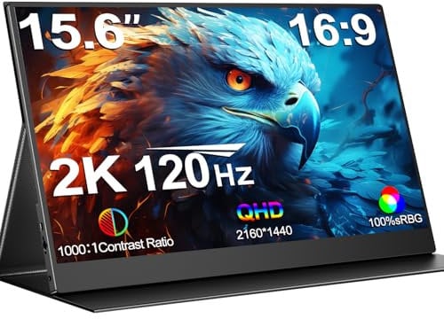 Sightnith 120Hz 2.5K Portable Monitor, 15.6'' QHD 100% sRGB IPS Portable Screen with Smart Cover & Compatible with VESA, FreeSync, Metal Case HDR Portable Gaming Monitor for Laptop/PC/Ma-c/PS/Xbox