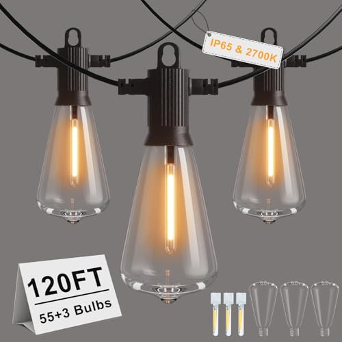 ZOTOYI 120FT IP65 Outdoor String Lights Mains Powered Garden Festoon Lights with 55+3 Shatterproof ST38 Plastic LED Edison Bulbs IP65 Waterproof for Indoor Outdoor Dimming Support, 2700K Warm White