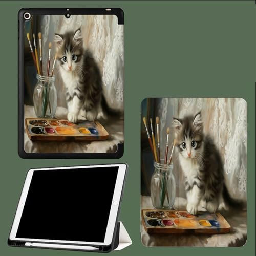 Hülle für iPad 10 Generation 2022 mit Stifthalter,Trifold Ständer,Automatisches Ruhen/Wecken,iPad 10,9 Zoll Flexible TPU hülle für iPad 10 Generation Katze Pinsel
