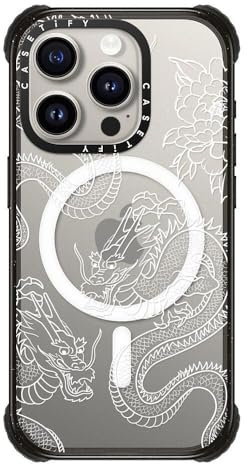 CASETiFY Ultra Impact iPhone 15 Pro Case [Strong Slim / 11.5ft 5X Militray Grade Drop Protection/Compatible with Magsafe] - DRAGONS - Clear Black