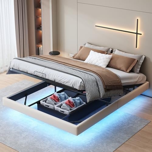 PerGar Doppelbett Bettanlage 140x200 cm, Bettgestell mit LED Beleuchtung, aus Metall Bettrahmen Erwachsene Floating Bed Frame, Pneumatische Bettaufbewahrungsstruktur, Kein Nachttischgestell, Beige