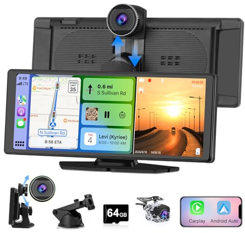 Hexinex CarPlay sans Fil et pour Carplay&Android Auto,avec Dashcam Avant 4K, Caméra Arrière 1080P, Portable, écran Tactile de 10,26 Pouce avec Bluetooth/GPS/FM/AUX/Lien Miroir/Carte TF 64G